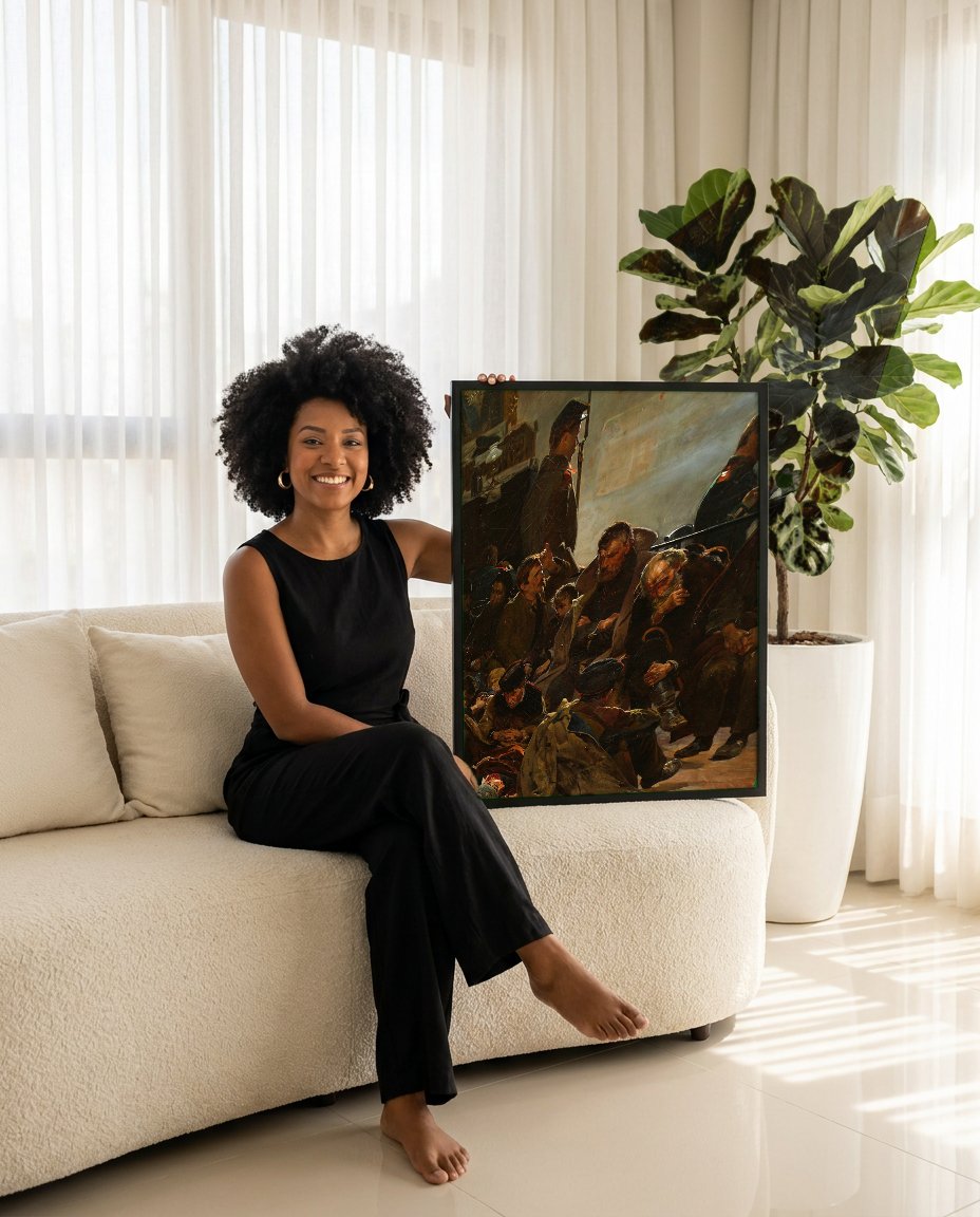 Quadro Decorativo 'O Dia da Partida' - Jacek Malczewski com modelo em ambiente
