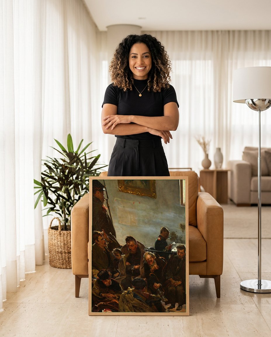 Quadro Decorativo 'O Dia da Partida' - Jacek Malczewski com modelo em ambiente