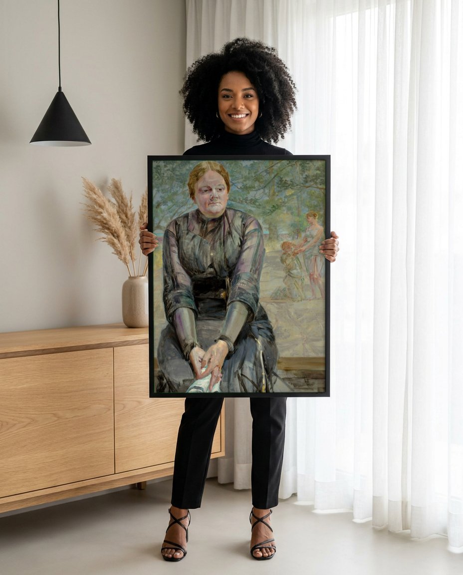 Quadro Decorativo A Mulher Sentada - Jacek Malczewski com modelo em ambiente