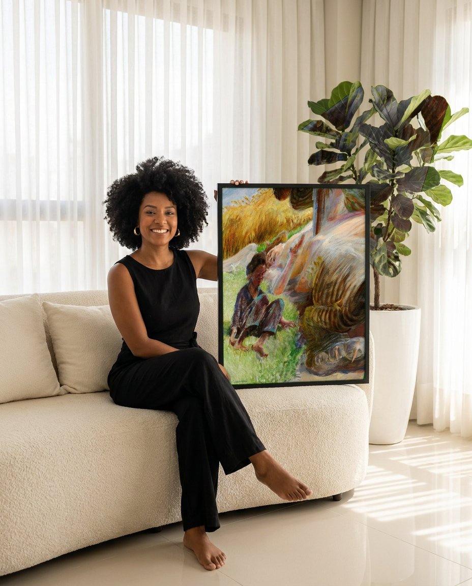 Quadro Decorativo Apolo e Marcias - Jacek Malczewski com modelo em ambiente