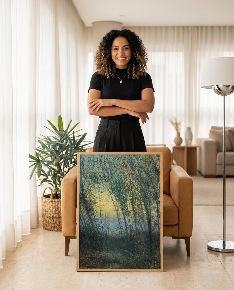 Quadro Decorativo Floresta ao Anoitecer - Grimshaw com modelo em ambiente