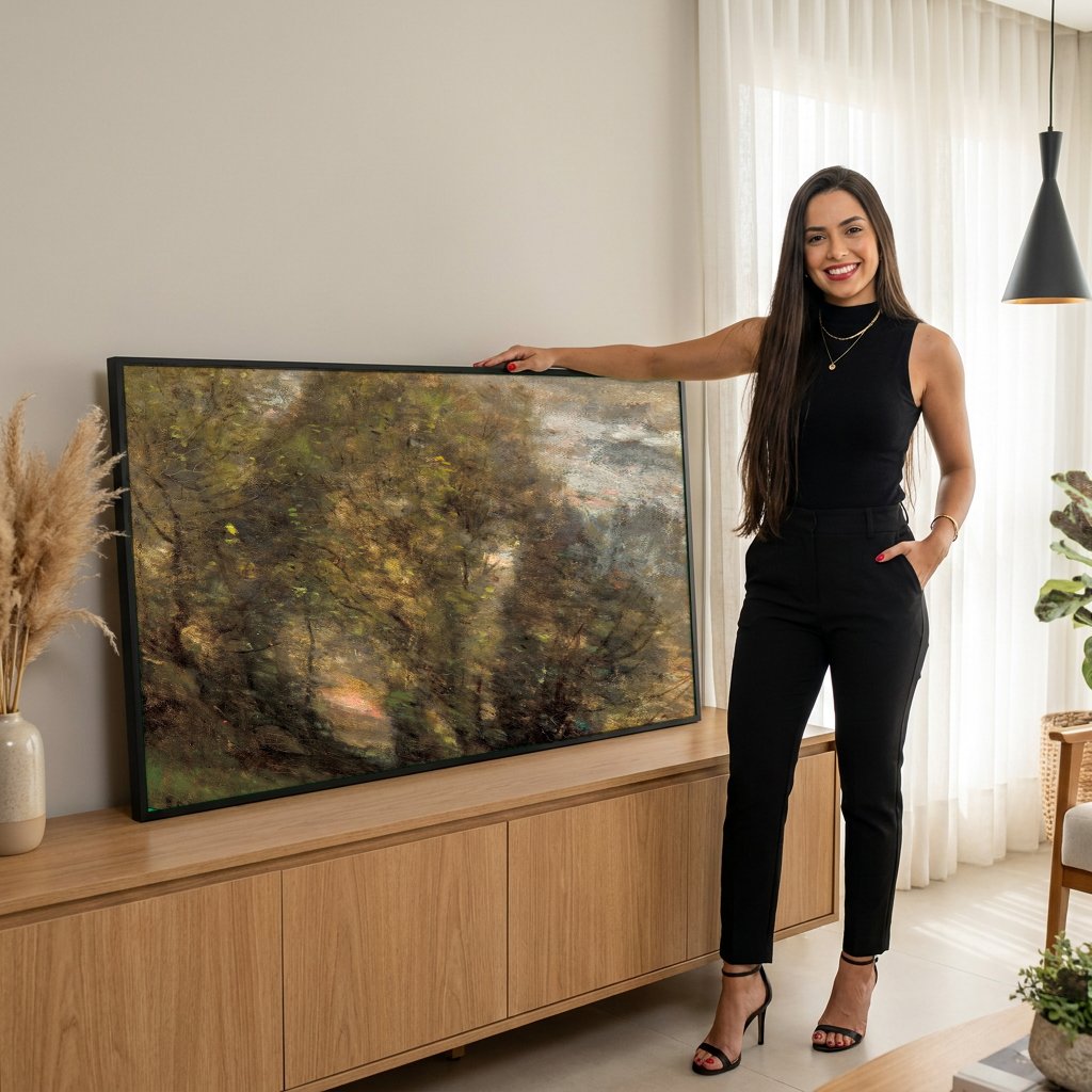Quadro Decorativo Paisagem ao Entardecer - Corot com modelo em ambiente