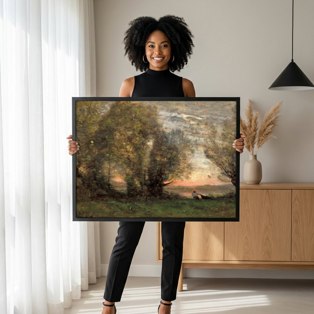 Quadro Decorativo Paisagem ao Entardecer - Corot com modelo em ambiente