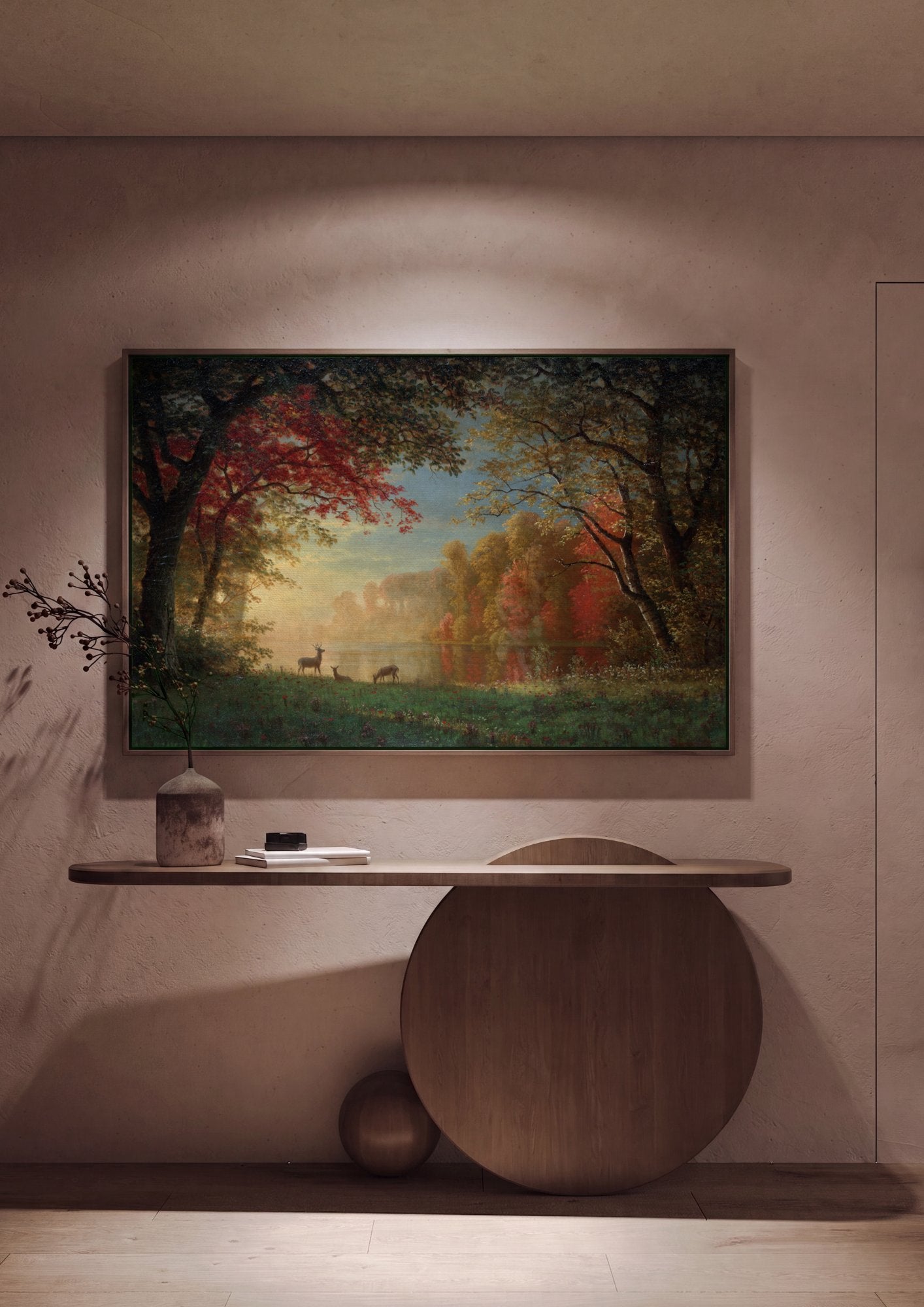 Quadro Decorativo Outono Dourado com Cervos - Albert Bierstadt em ambiente decorado
