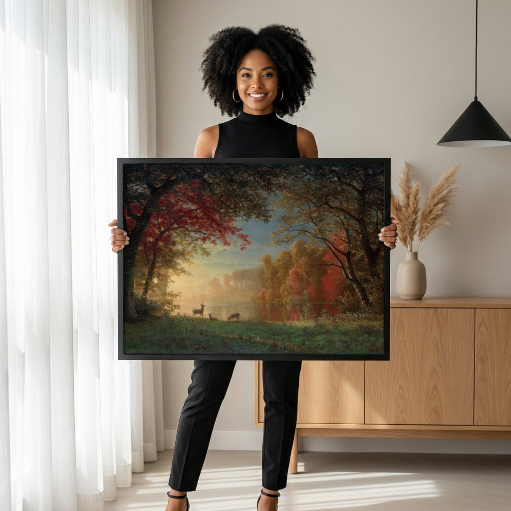 Quadro Decorativo Outono Dourado com Cervos - Albert Bierstadt com modelo em ambiente