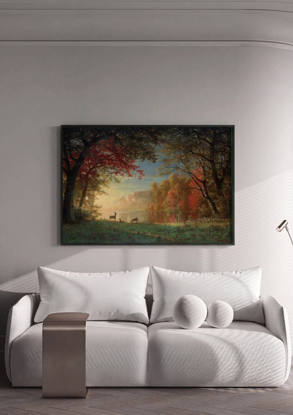 Quadro Decorativo Outono Dourado com Cervos - Albert Bierstadt em ambiente decorado