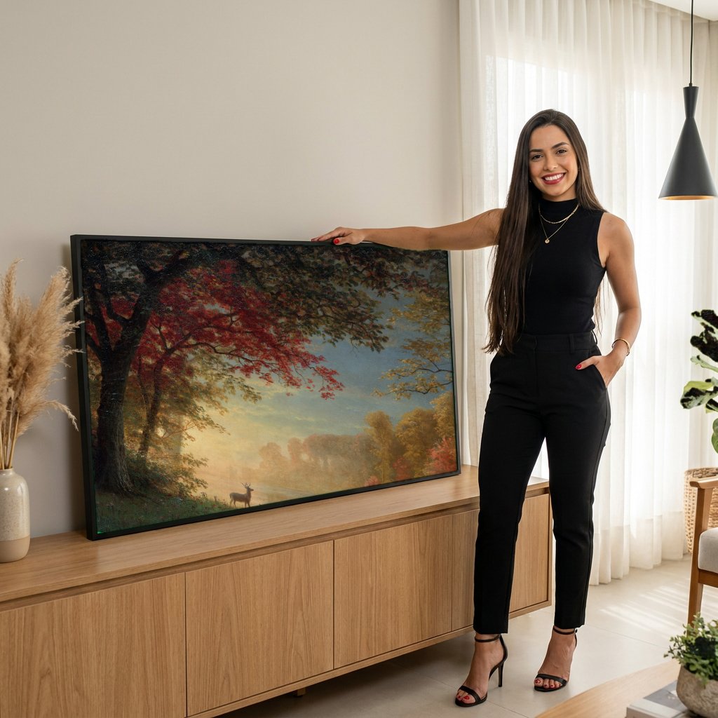 Quadro Decorativo Outono Dourado com Cervos - Albert Bierstadt com modelo em ambiente