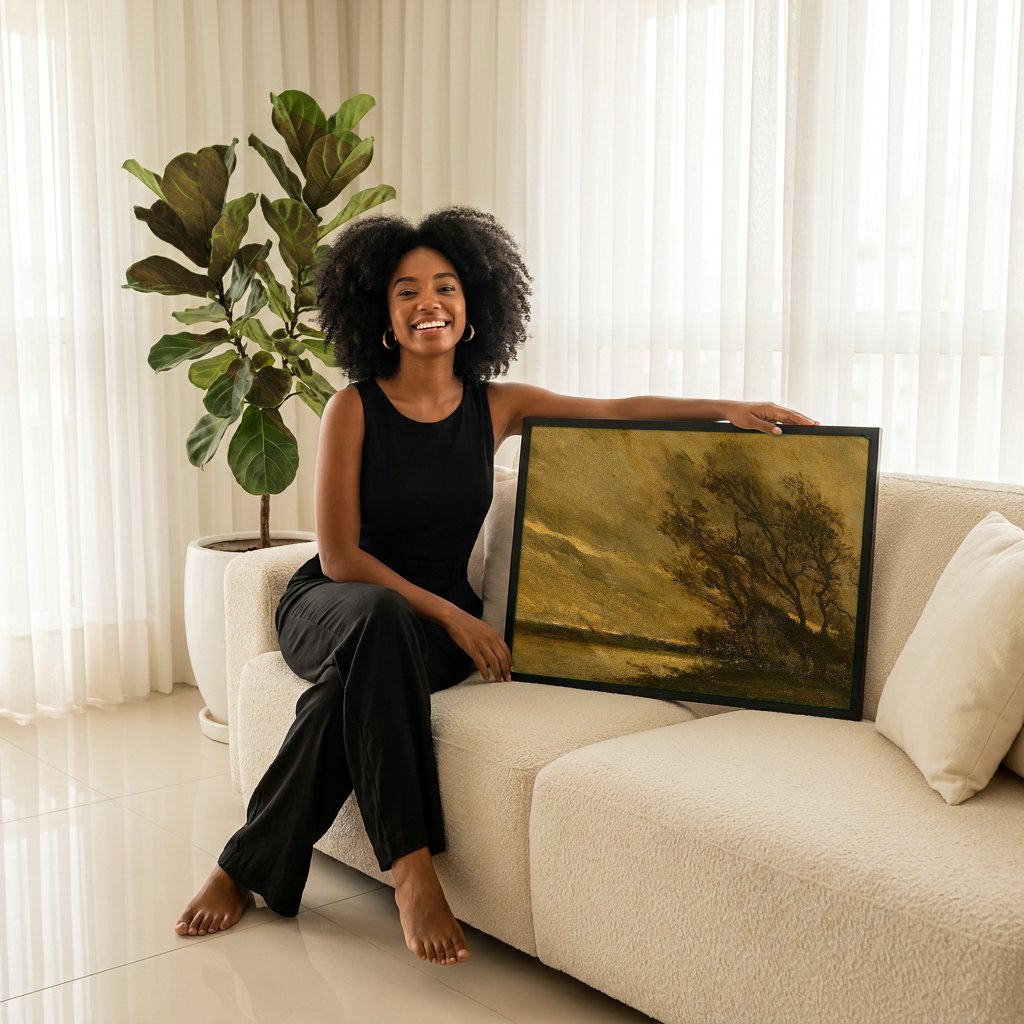 Quadro Decorativo Paisagem ao Entardecer - Johan Barthold Jongkind com modelo em ambiente
