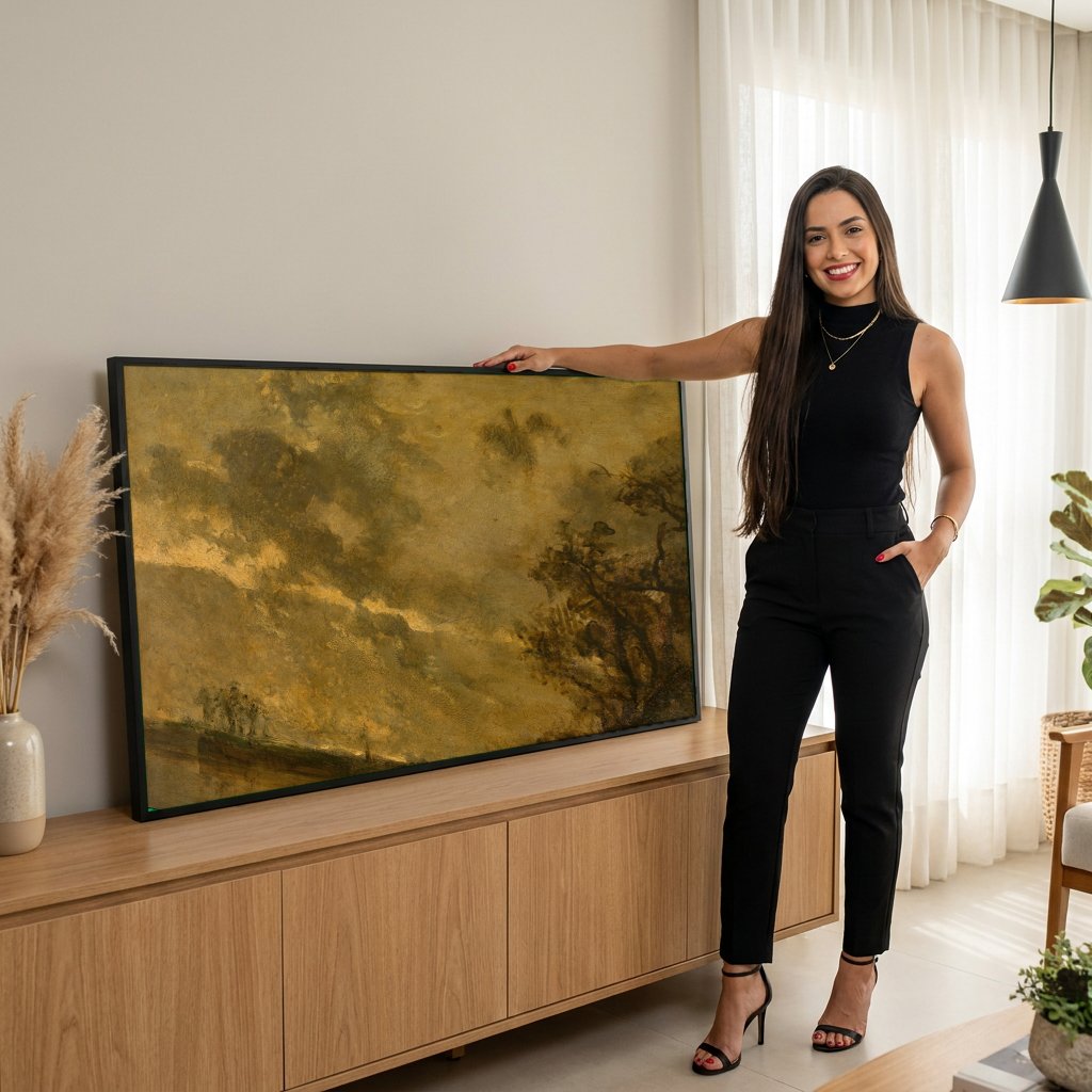 Quadro Decorativo Paisagem ao Entardecer - Johan Barthold Jongkind com modelo em ambiente