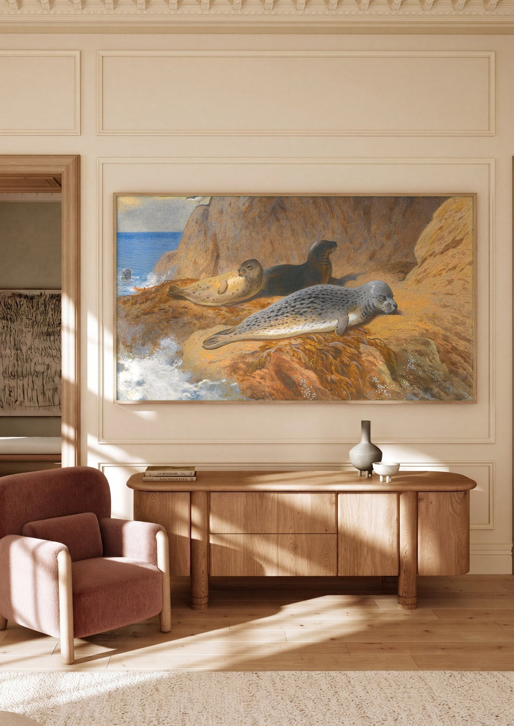 Quadro Decorativo Focas na Costa Escocesa - Thorburn em ambiente decorado