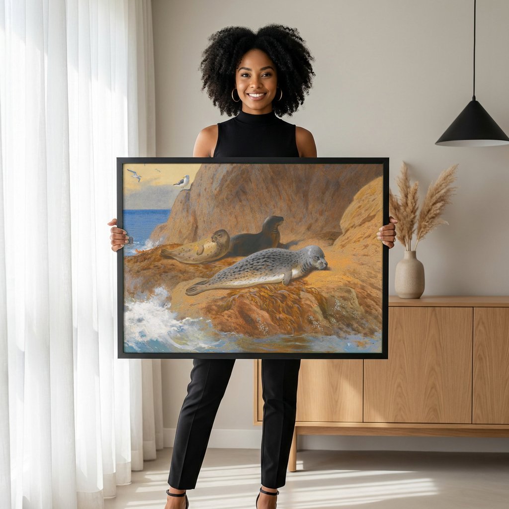 Quadro Decorativo Focas na Costa Escocesa - Thorburn com modelo em ambiente