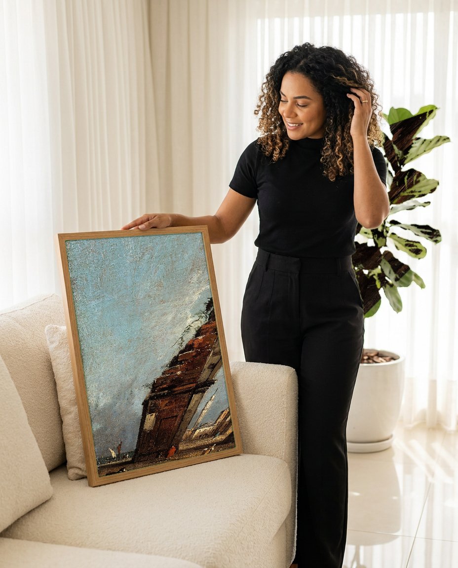 Quadro Decorativo Ruína com Arco - Francesco Guardi com modelo em ambiente