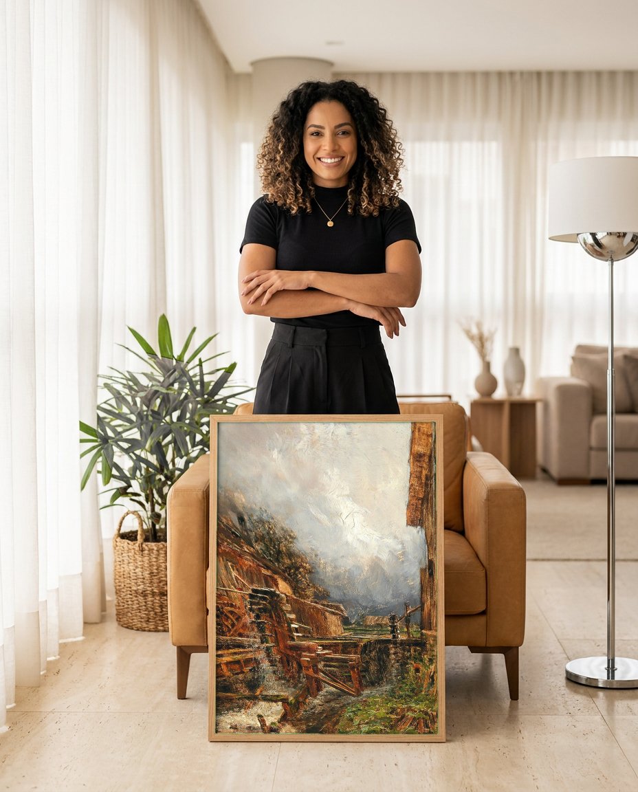 Quadro Decorativo Moinho de Água com Céu Nublado - Olga Wisinger-Florian com modelo em ambiente