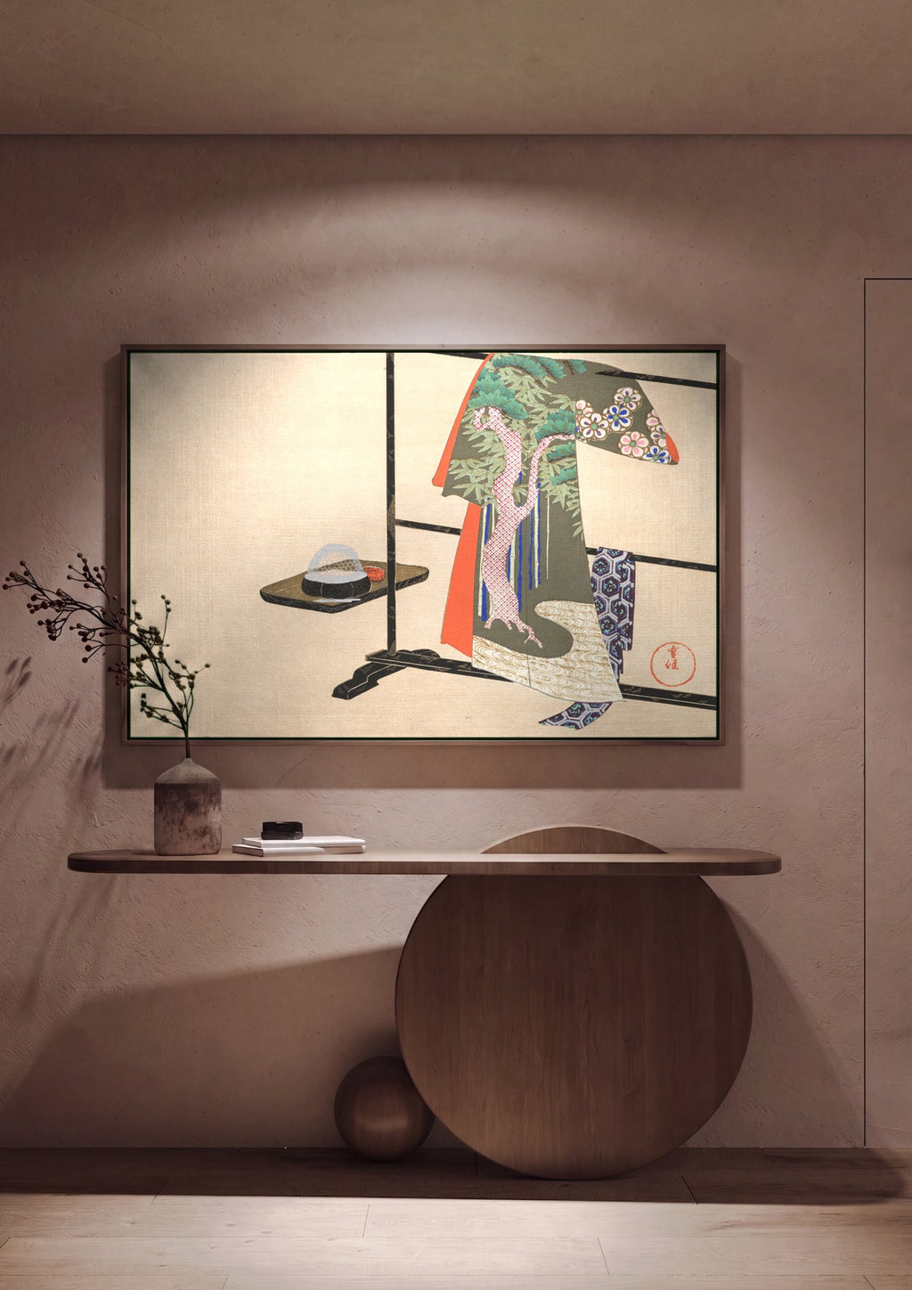 Quadro Decorativo Quimono e Tigela de Chá - Kamisaka Sekka em ambiente decorado