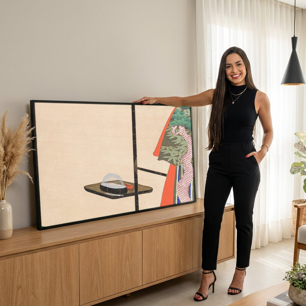 Quadro Decorativo Quimono e Tigela de Chá - Kamisaka Sekka com modelo em ambiente