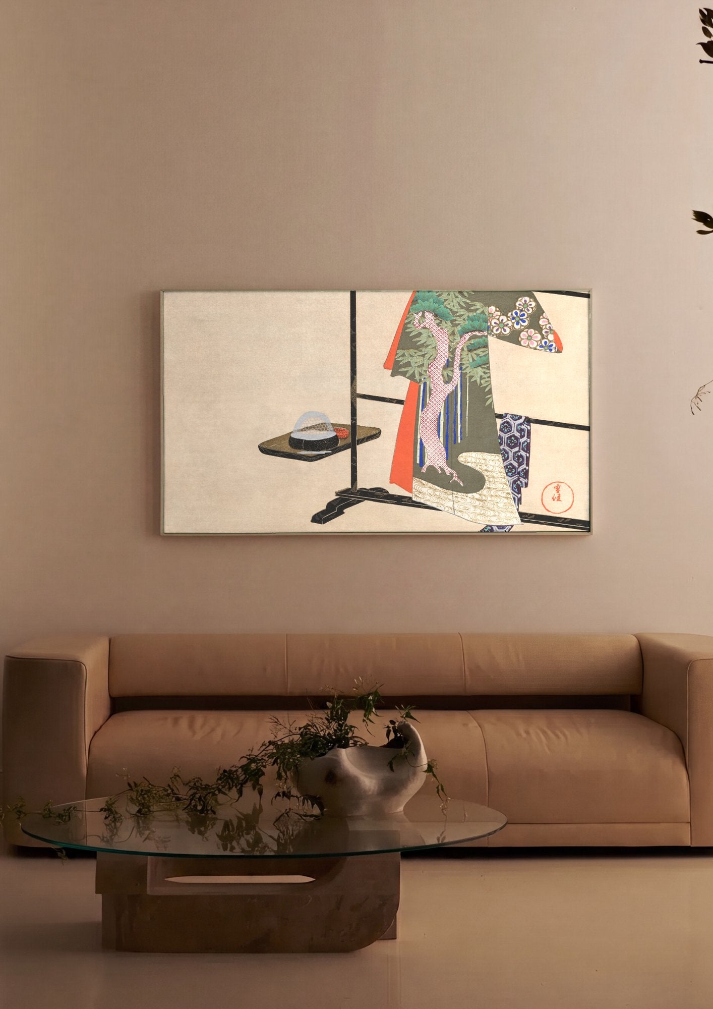 Quadro Decorativo Quimono e Tigela de Chá - Kamisaka Sekka em ambiente decorado