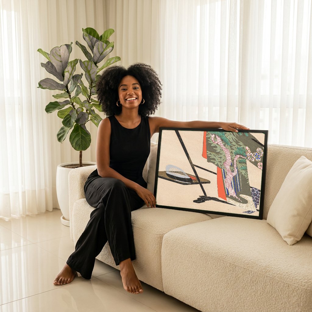 Quadro Decorativo Quimono e Tigela de Chá - Kamisaka Sekka com modelo em ambiente