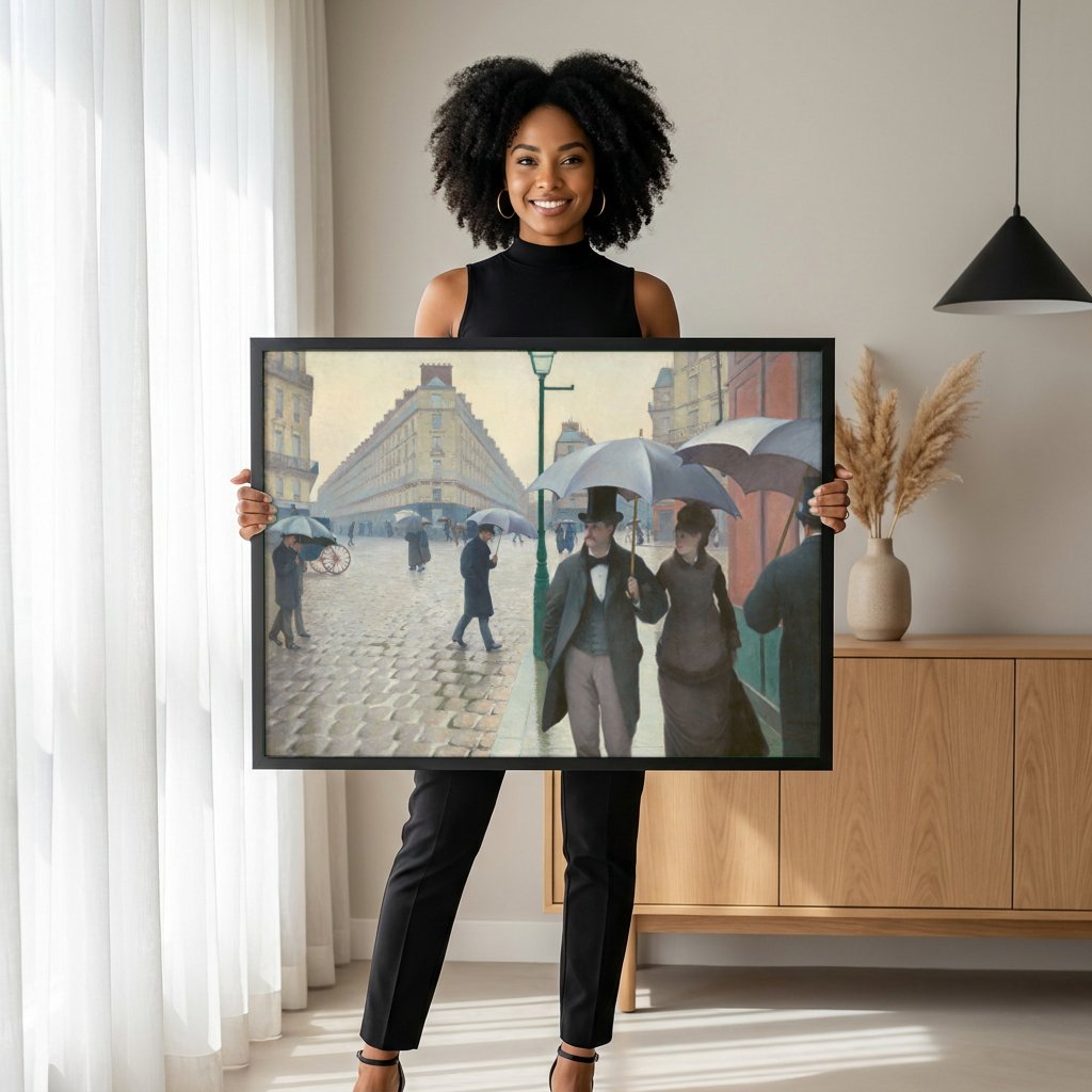 Quadro Decorativo Rua de Paris em Dia Chuvoso - Caillebotte com modelo em ambiente