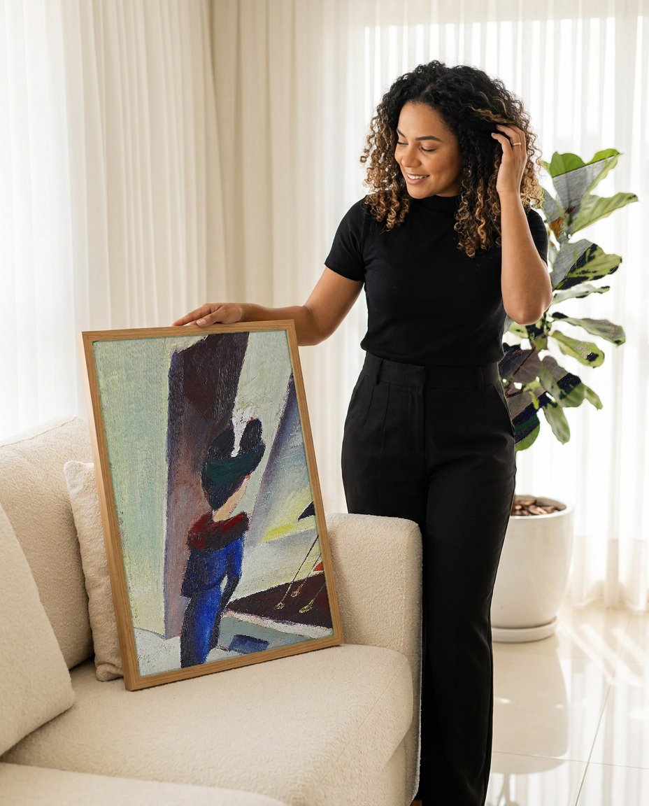 Quadro Decorativo A Mulher na Loja de Chapeus - August Macke com modelo em ambiente