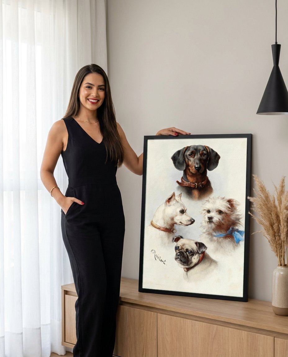 Quadro Decorativo Cães Fofos - Carl Reichert com modelo em ambiente