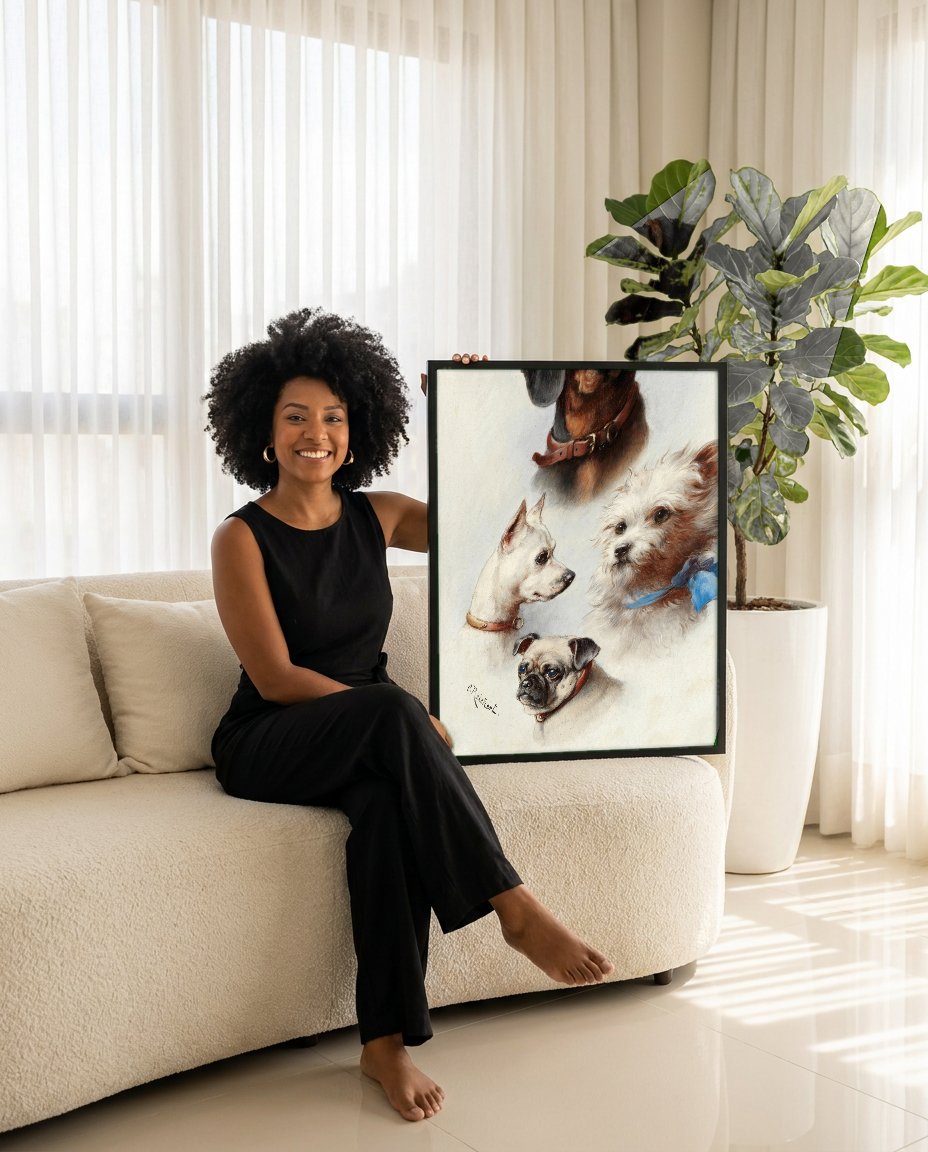 Quadro Decorativo Cães Fofos - Carl Reichert com modelo em ambiente
