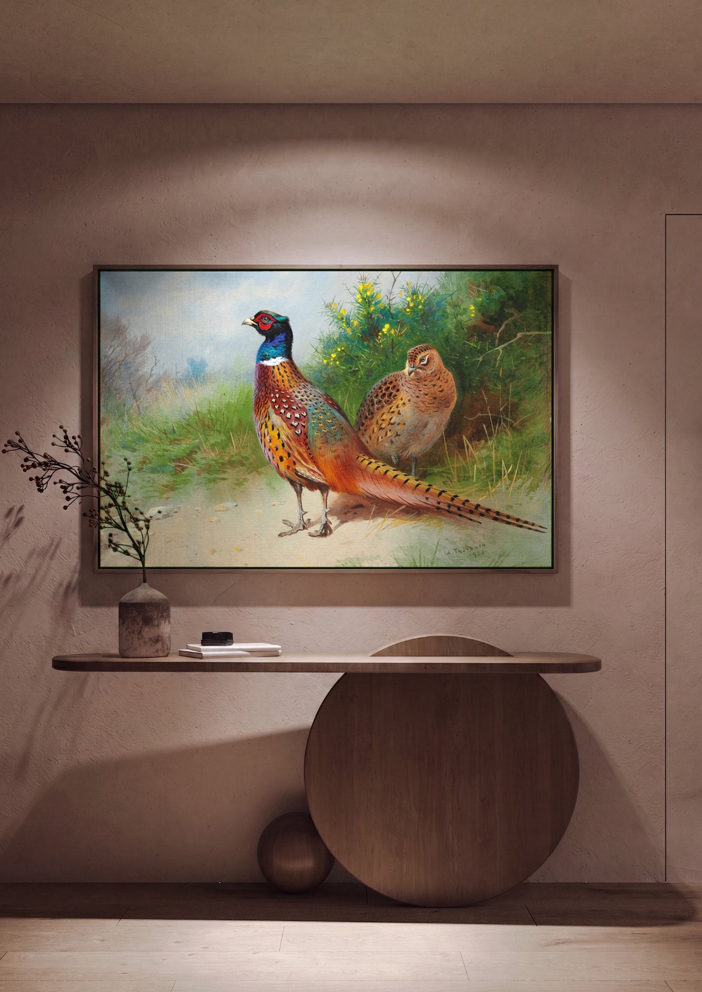 Quadro Decorativo Casal de Faisões - Archibald Thorburn em ambiente decorado