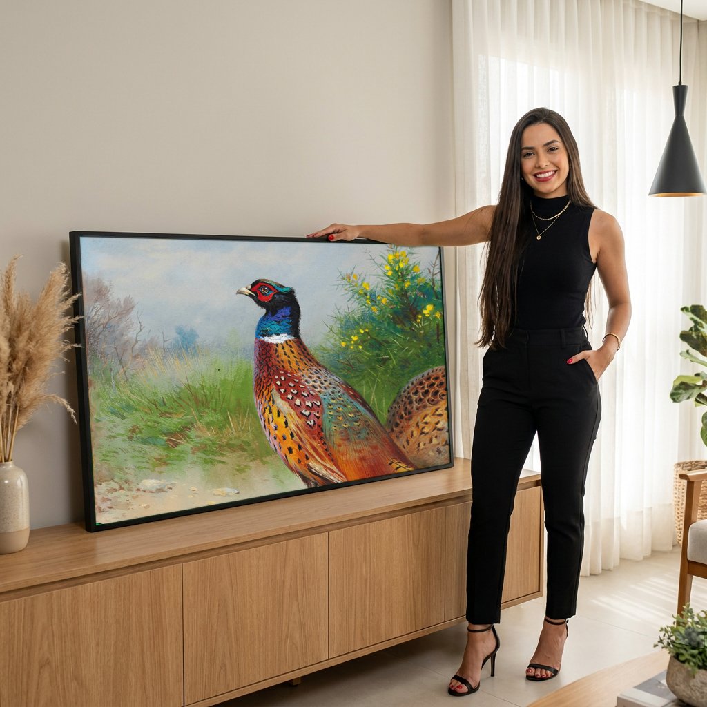 Quadro Decorativo Casal de Faisões - Archibald Thorburn com modelo em ambiente