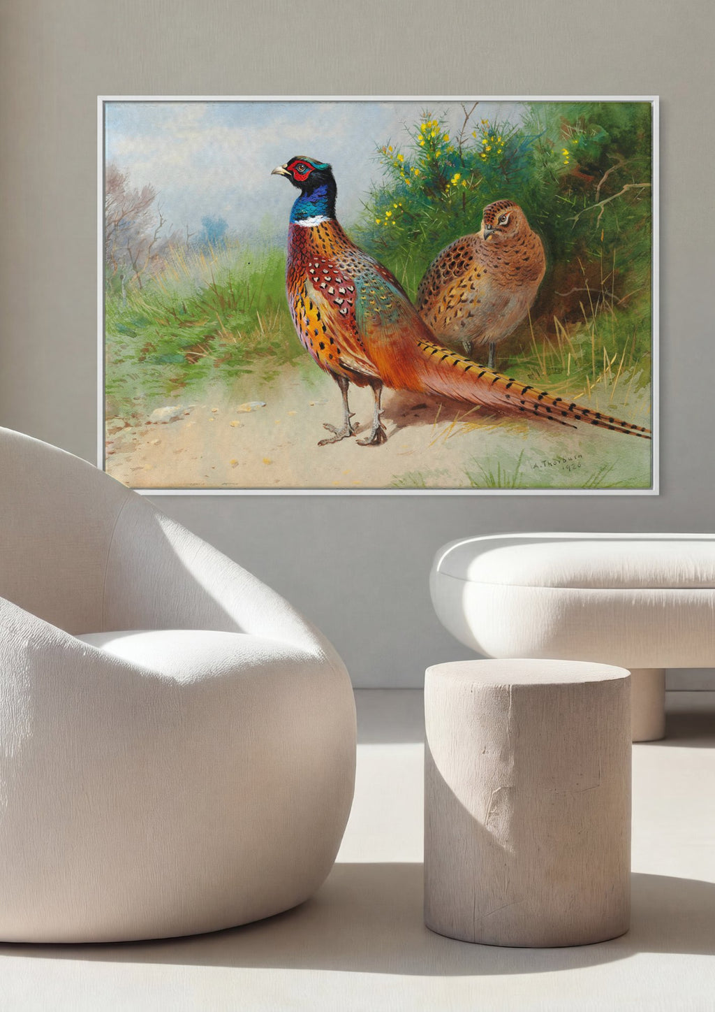 Quadro Decorativo Casal de Faisões - Archibald Thorburn em ambiente decorado