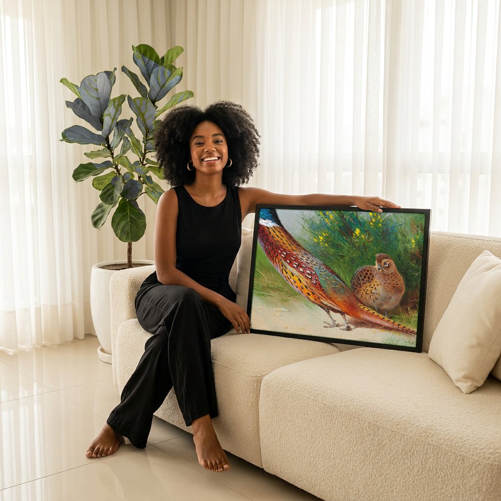 Quadro Decorativo Casal de Faisões - Archibald Thorburn com modelo em ambiente