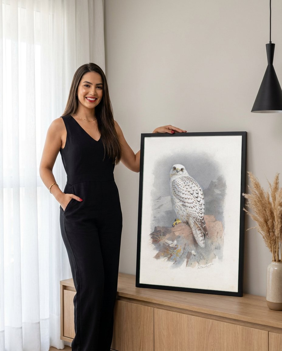 Quadro Decorativo Falcão-Gerifalte - Archibald Thorburn com modelo em ambiente