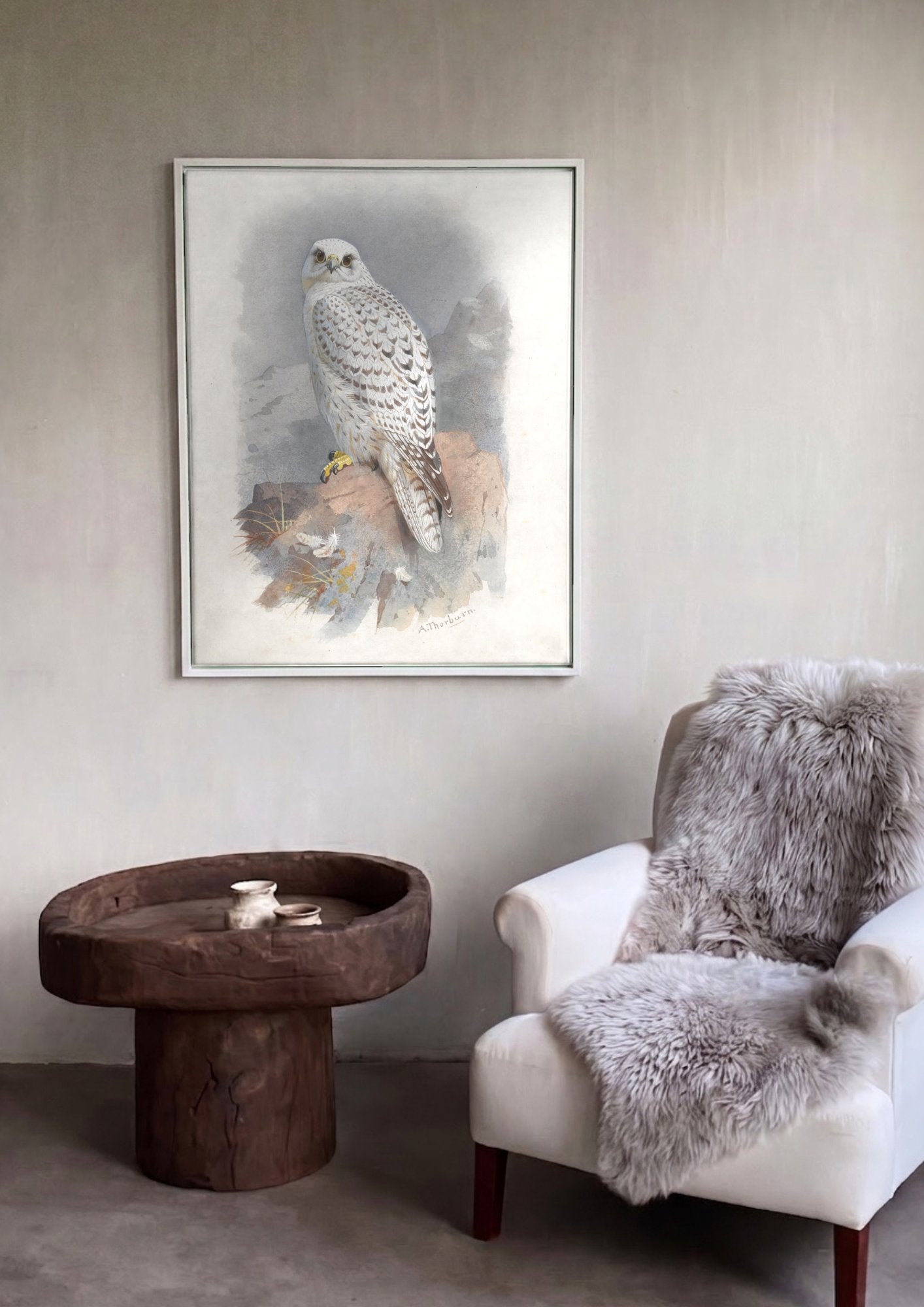 Quadro Decorativo Falcão-Gerifalte - Archibald Thorburn em ambiente decorado