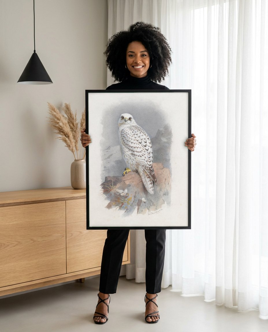Quadro Decorativo Falcão-Gerifalte - Archibald Thorburn com modelo em ambiente