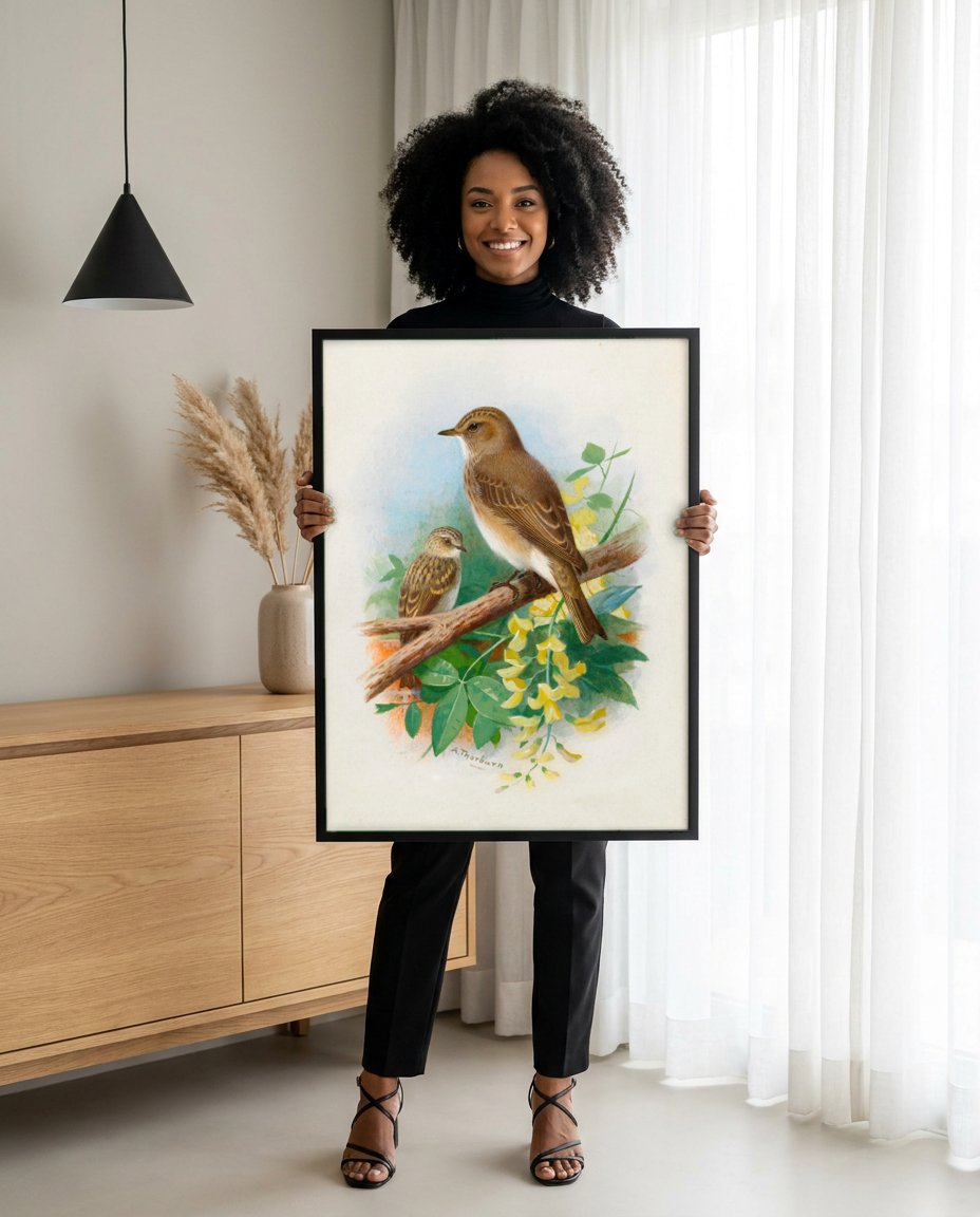 Quadro Decorativo Pássaros em Flor - Archibald Thorburn com modelo em ambiente