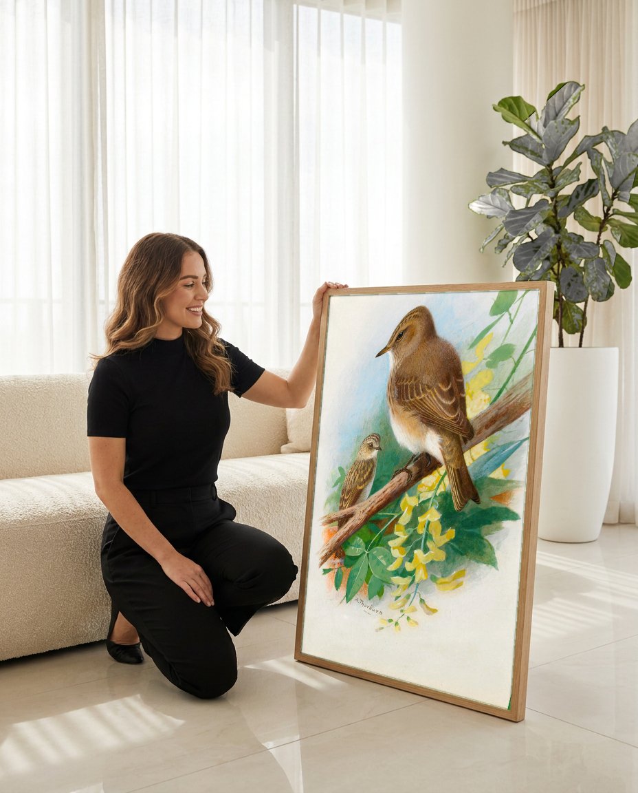 Quadro Decorativo Pássaros em Flor - Archibald Thorburn com modelo em ambiente