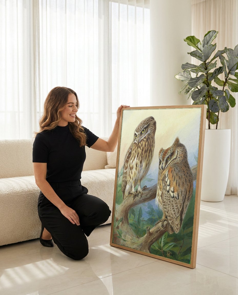 Quadro Decorativo 'Corujas no Galho' - Archibald Thorburn com modelo em ambiente