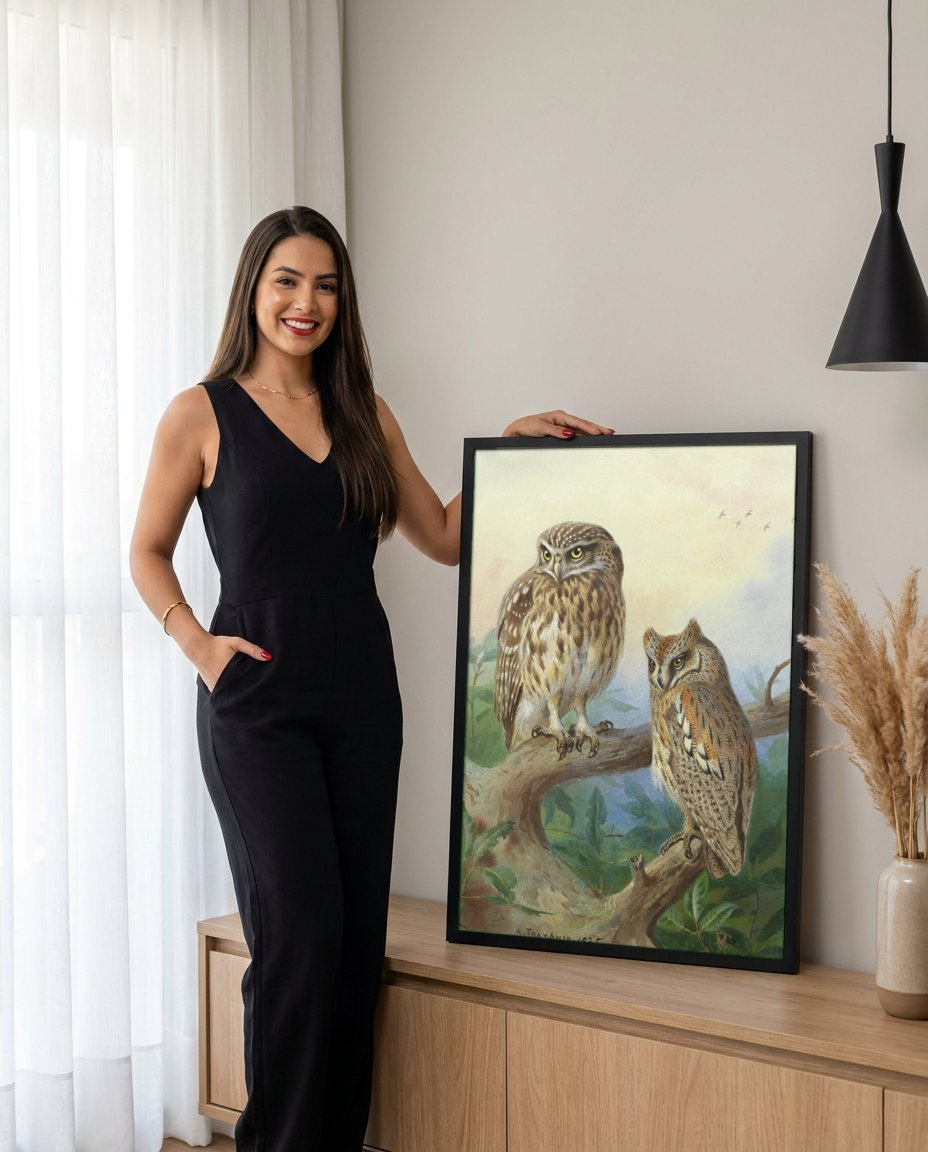 Quadro Decorativo 'Corujas no Galho' - Archibald Thorburn com modelo em ambiente