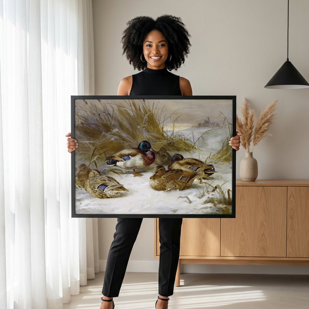 Quadro Decorativo Patos no Inverno - Archibald Thorburn com modelo em ambiente