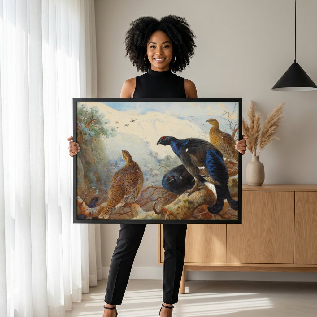 Quadro Decorativo Aves de Montanha - Archibald Thorburn com modelo em ambiente