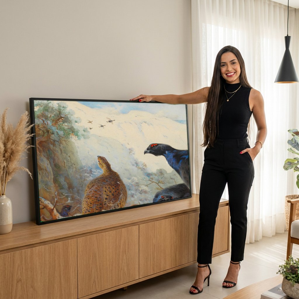 Quadro Decorativo Aves de Montanha - Archibald Thorburn com modelo em ambiente