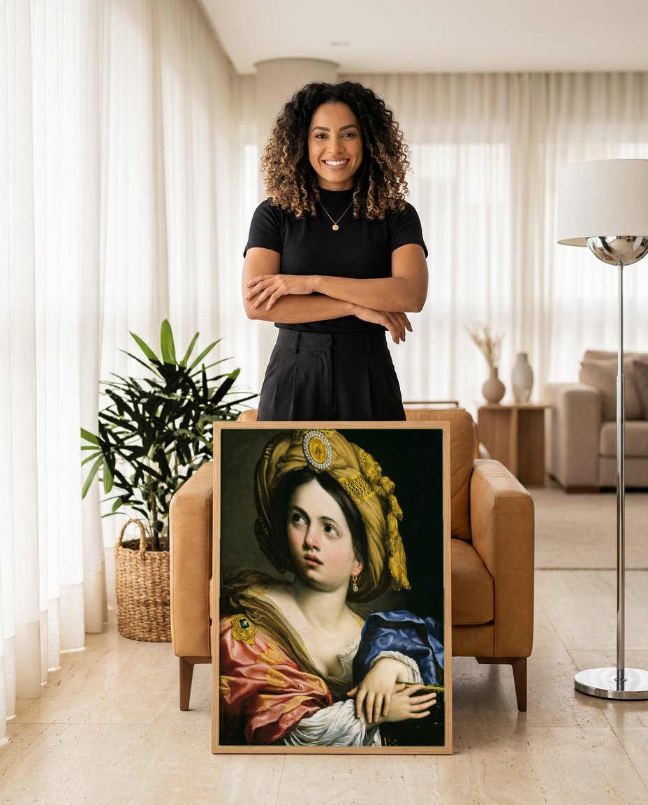 Quadro Decorativo 'Sibila Persa' - Domenichino com modelo em ambiente