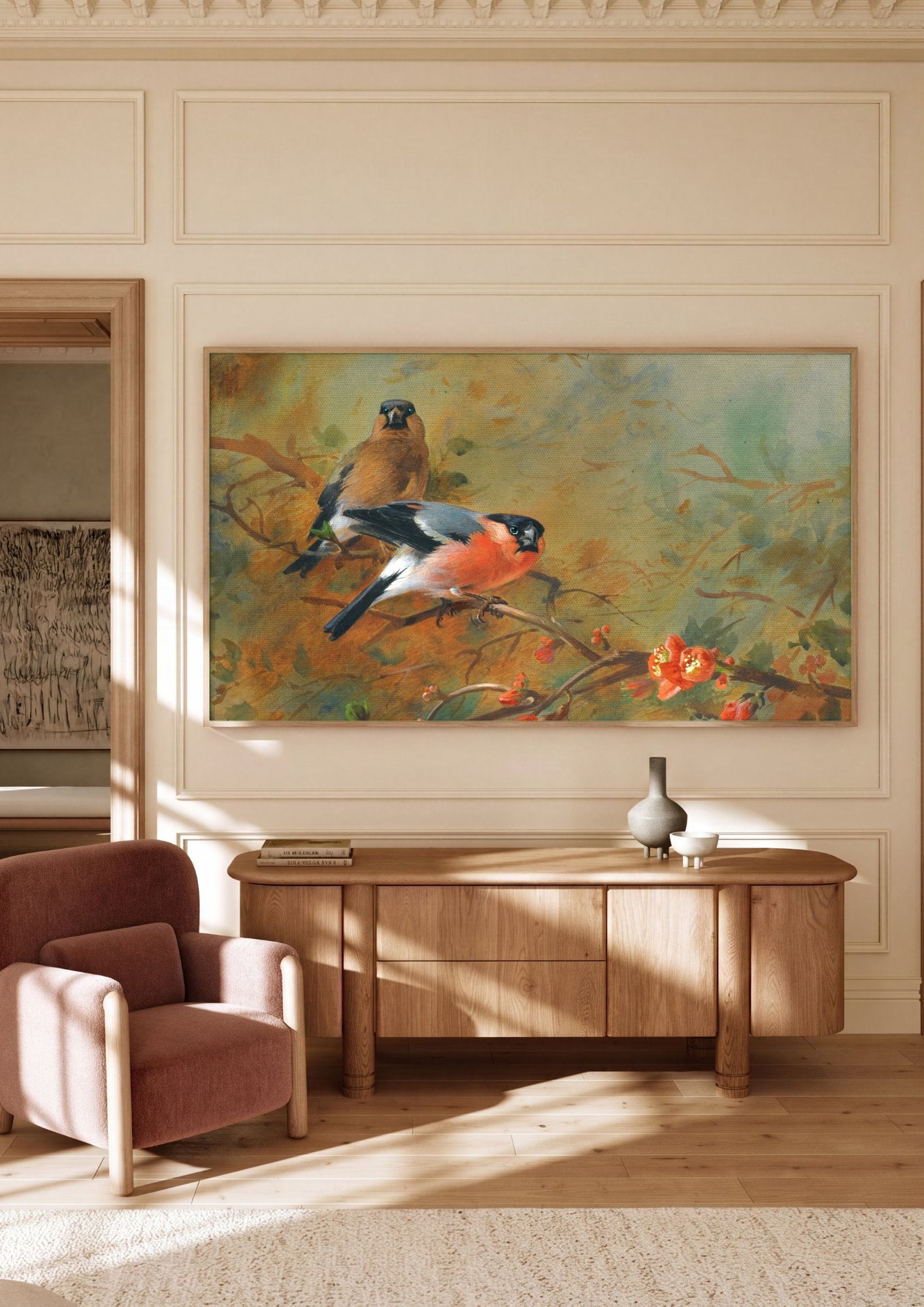 Quadro Decorativo Pássaros em Flor - Archibald Thorburn em ambiente decorado