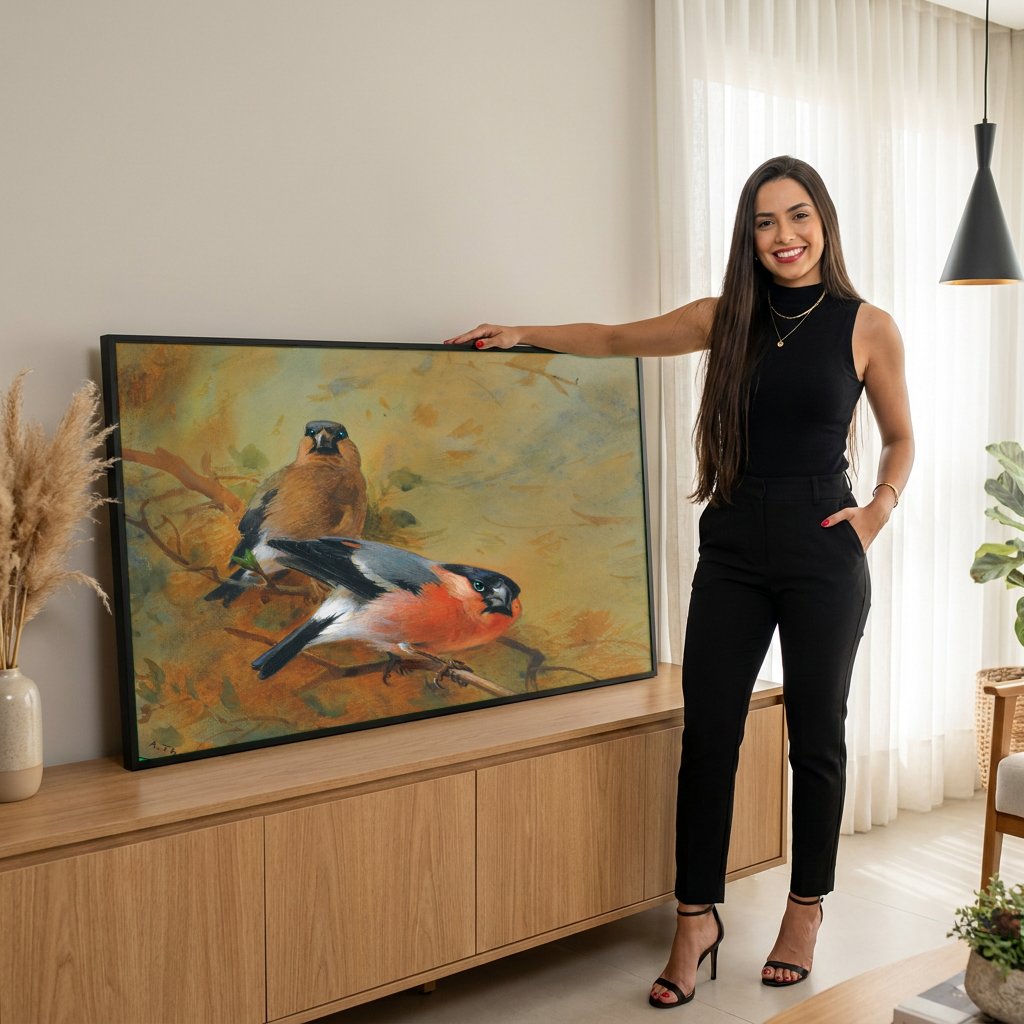 Quadro Decorativo Pássaros em Flor - Archibald Thorburn com modelo em ambiente