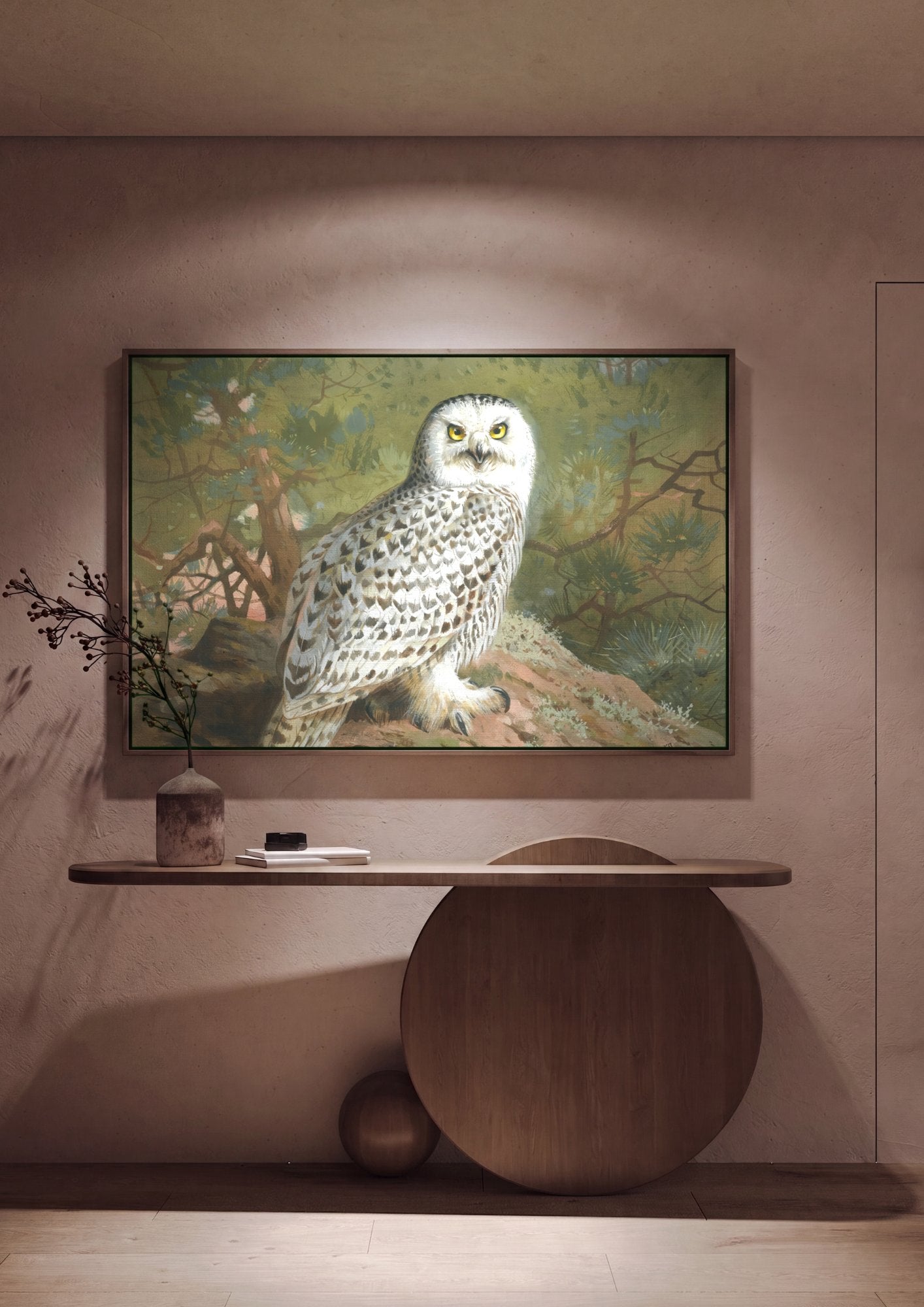 Quadro Decorativo Coruja-das-neves - Archibald Thorburn em ambiente decorado