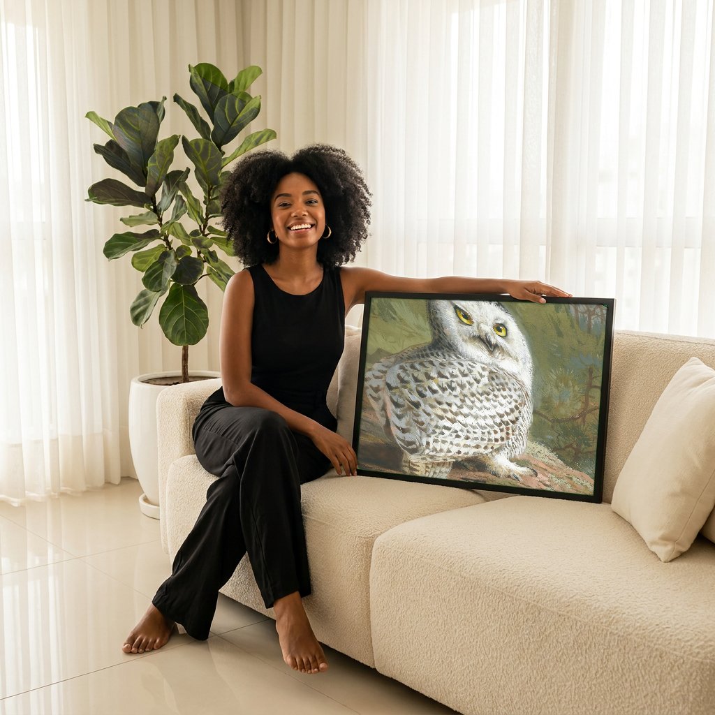 Quadro Decorativo Coruja-das-neves - Archibald Thorburn com modelo em ambiente