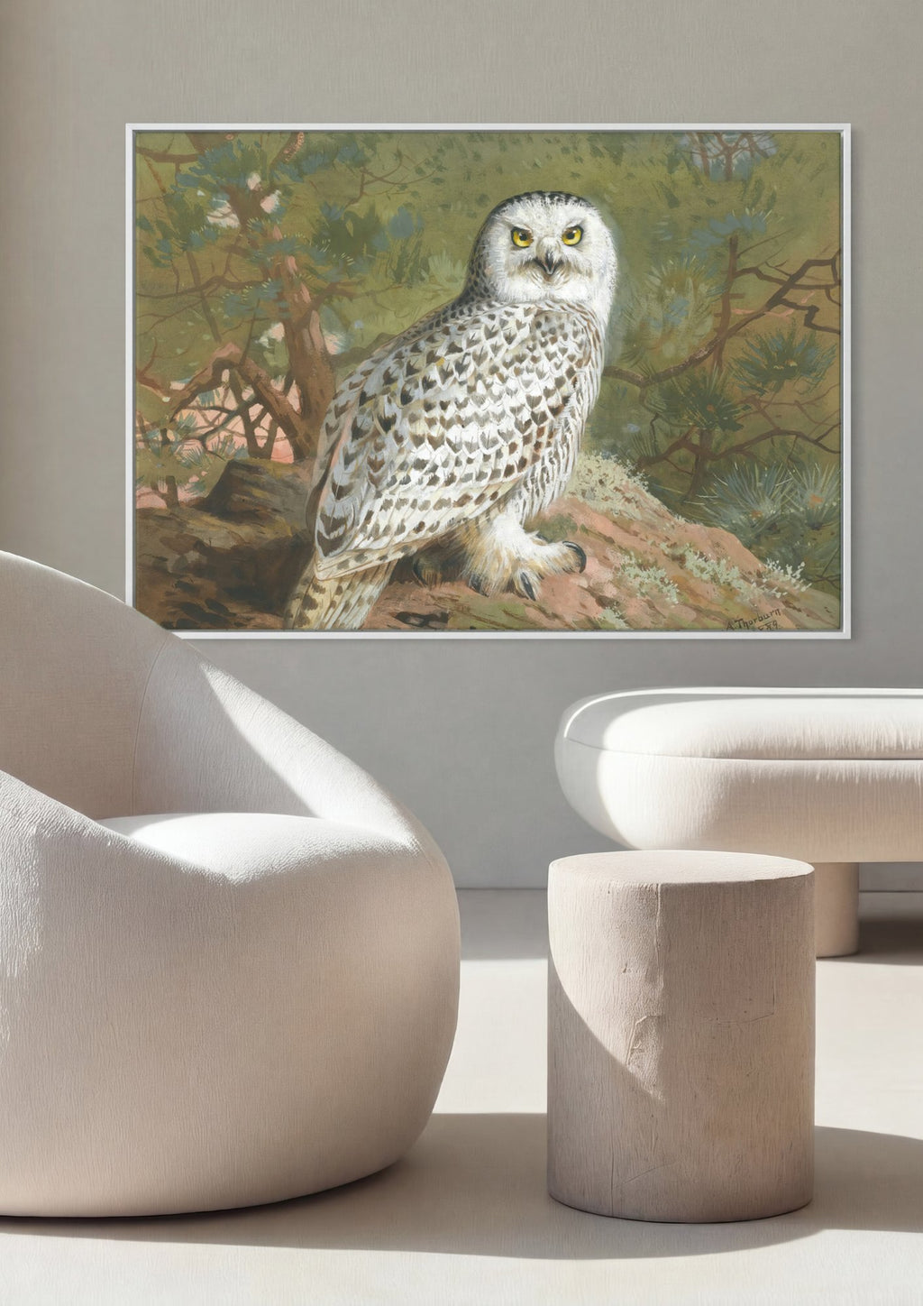 Quadro Decorativo Coruja-das-neves - Archibald Thorburn em ambiente decorado