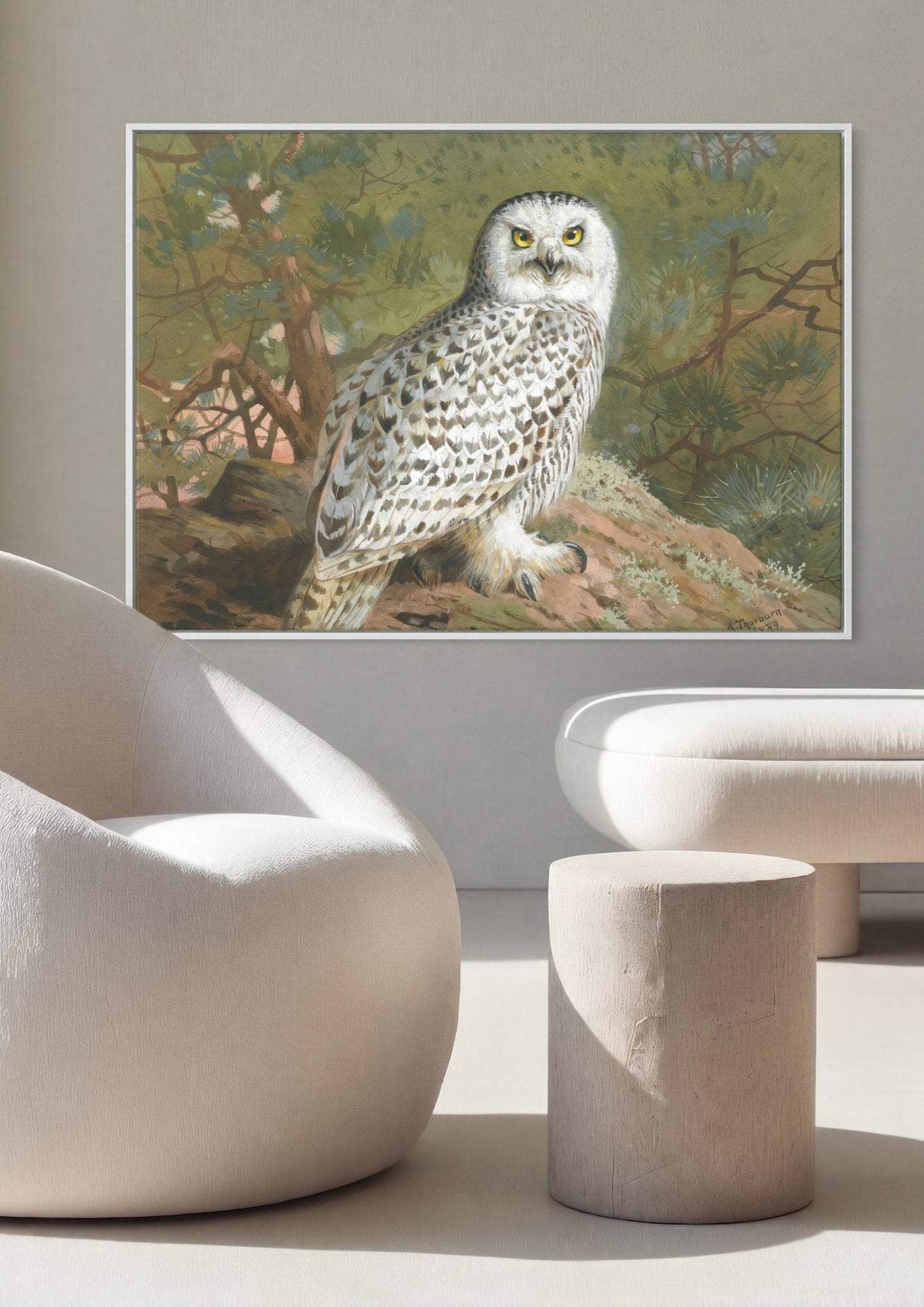 Quadro Decorativo Coruja-das-neves - Archibald Thorburn em ambiente decorado