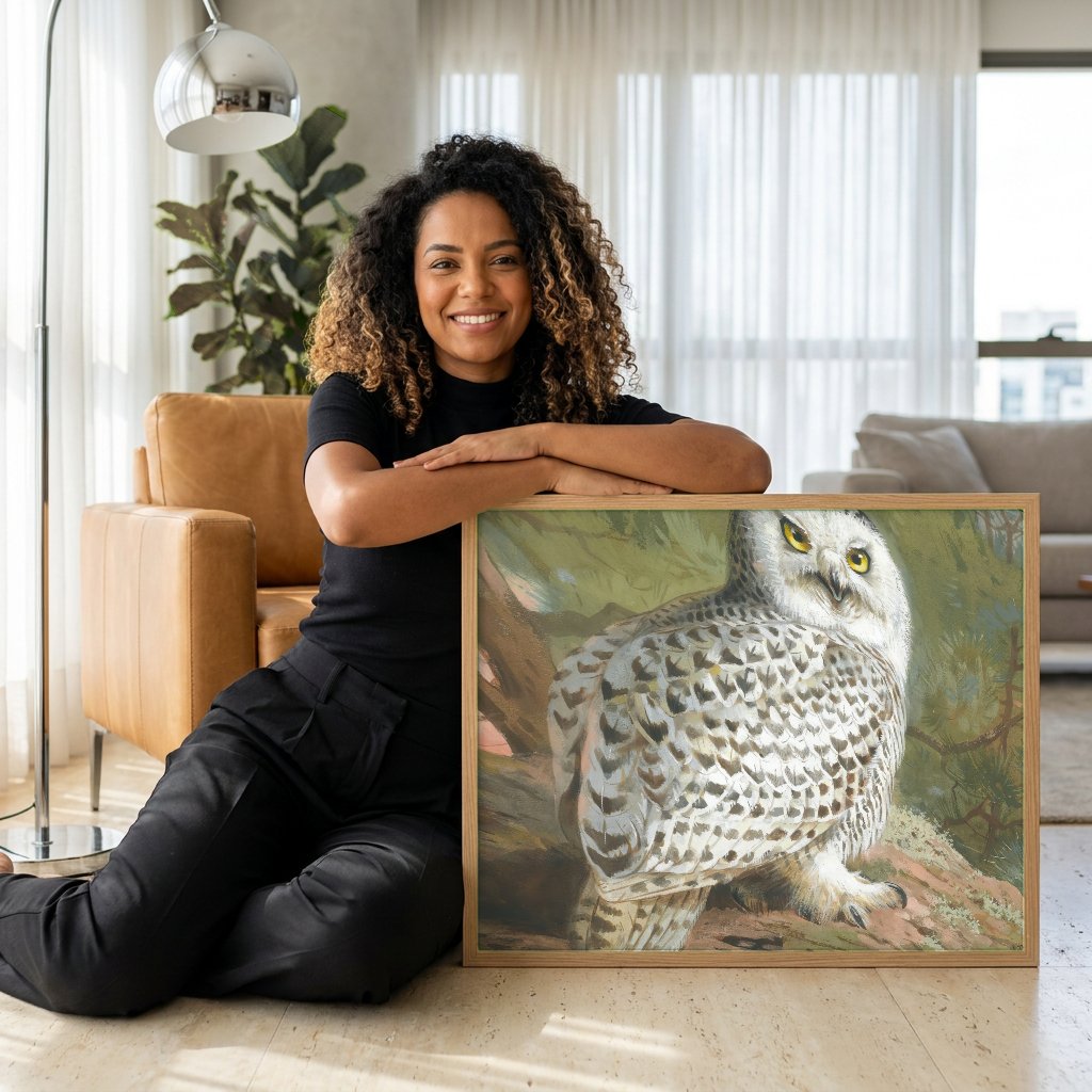 Quadro Decorativo Coruja-das-neves - Archibald Thorburn com modelo em ambiente