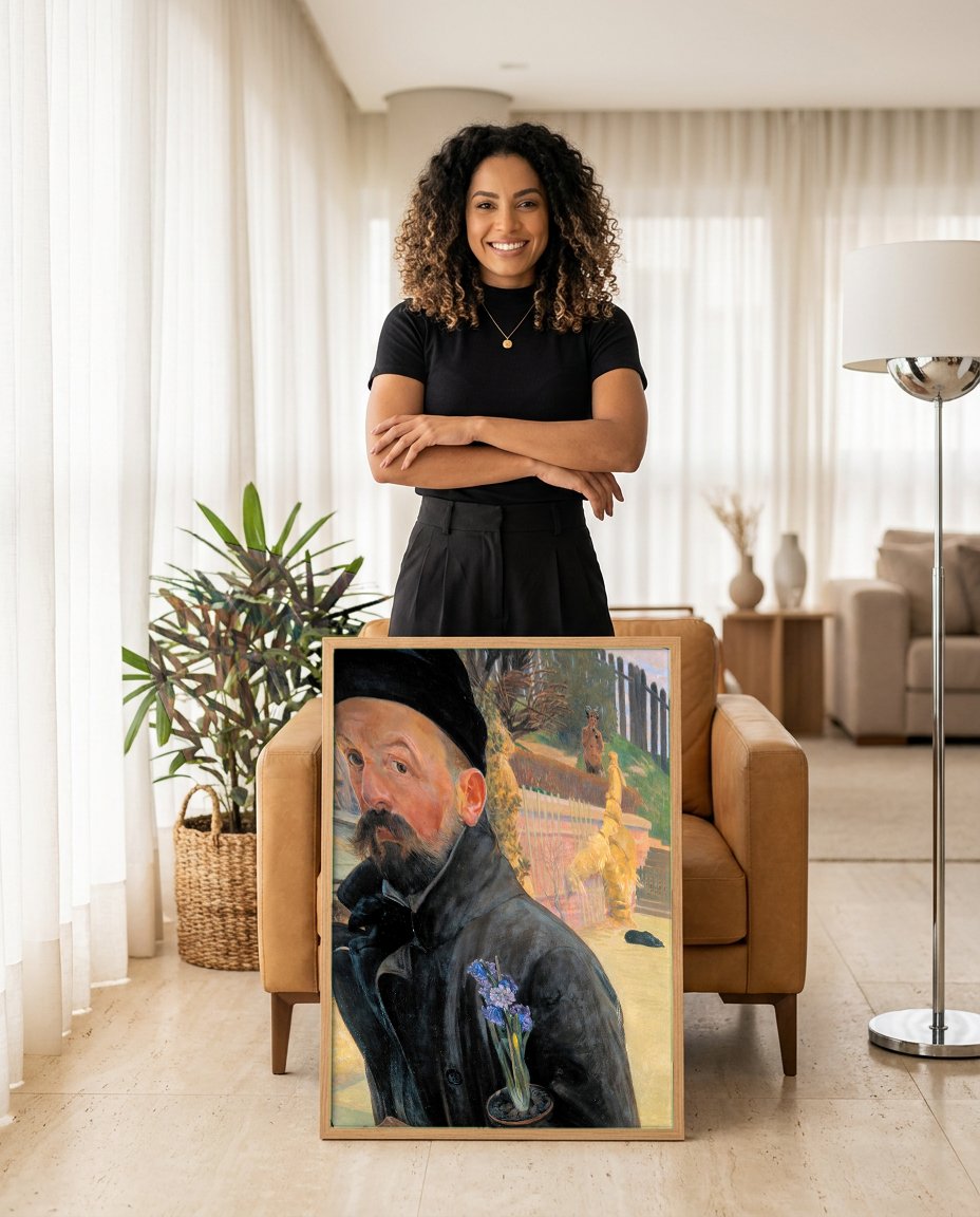 Quadro Decorativo Autorretrato com Jacinto - Jacek Malczewski com modelo em ambiente