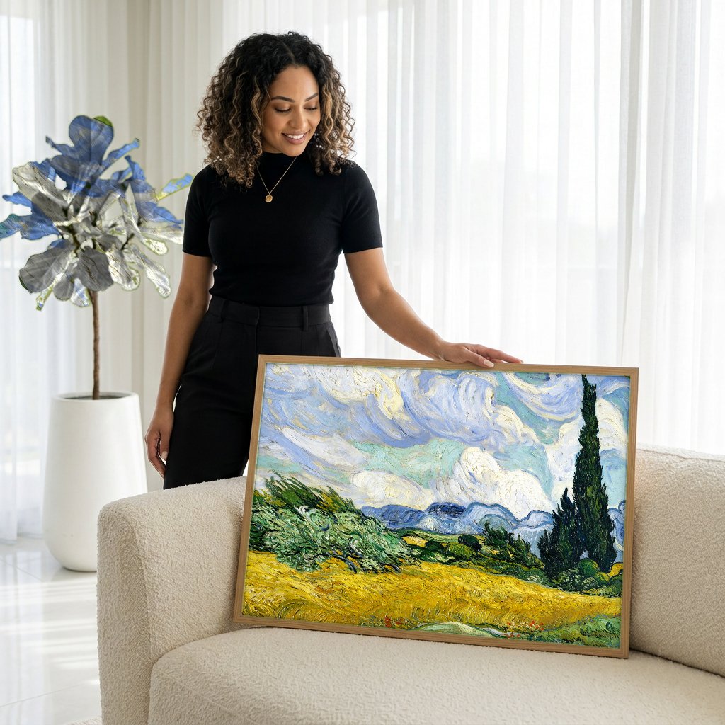 Quadro Decorativo Campo de Trigo com Ciprestes - Van Gogh com modelo em ambiente