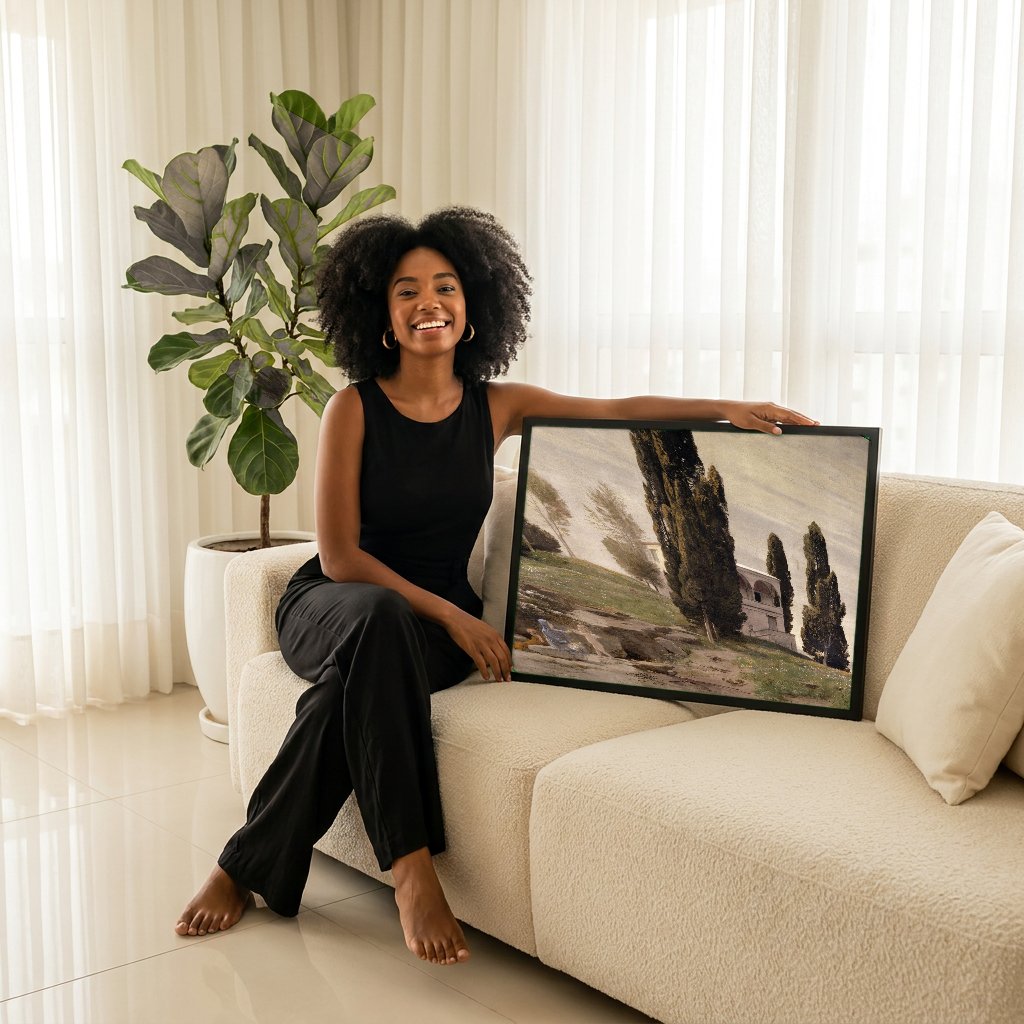 Quadro Decorativo A Chegada - Arnold Böcklin com modelo em ambiente